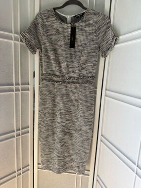 Allegra K Black & White Tweed Midi Sheath Dress